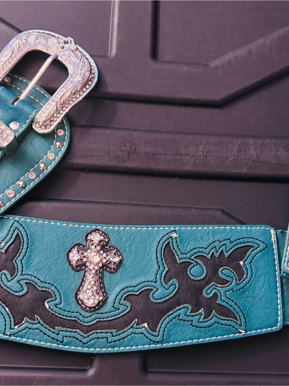 Montana West Teal Western Belt with Ornate Silver Buckle